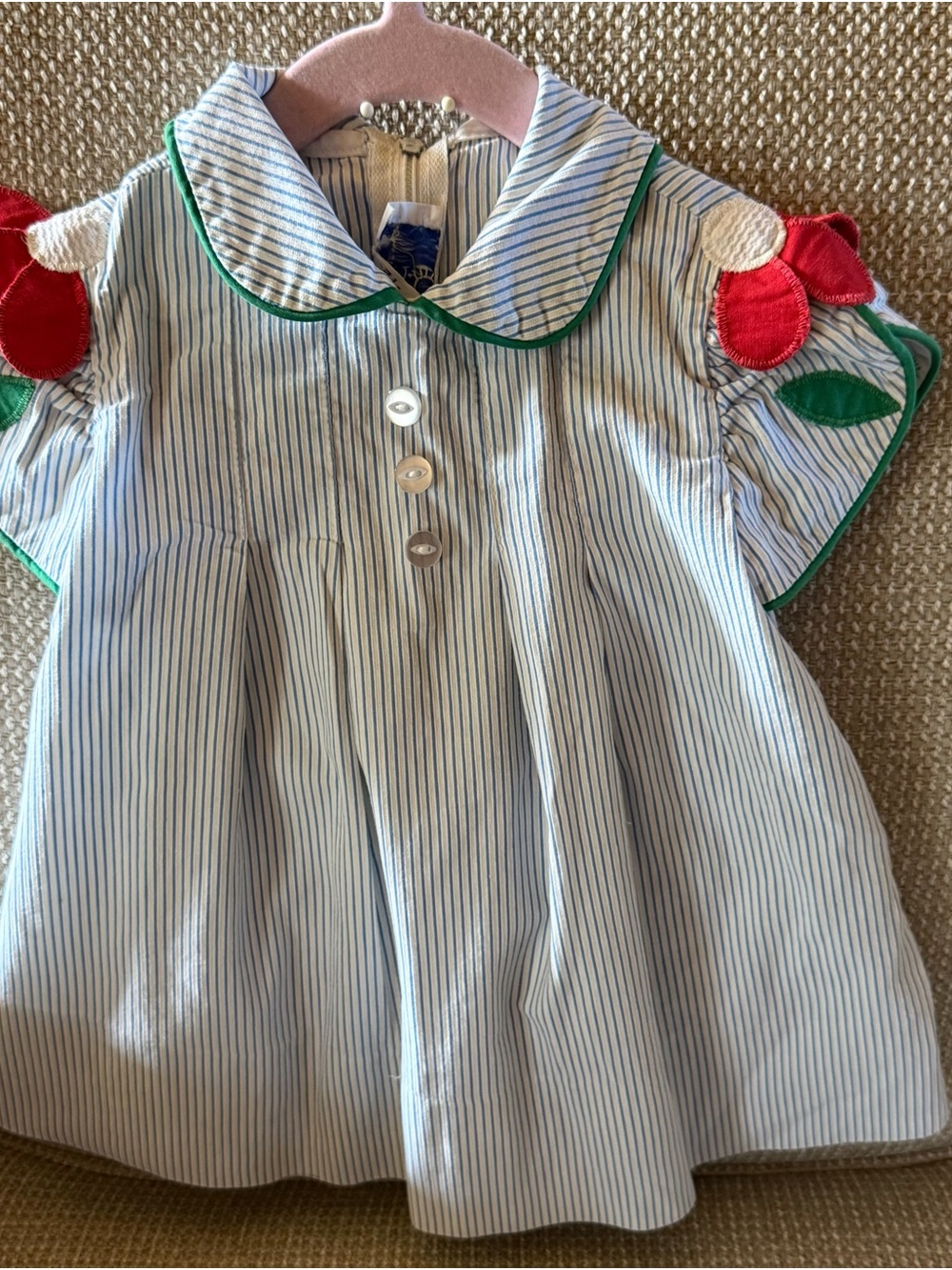 Vtg Florence Eiseman 2T Blue-White Stripe Dress,Flower Red Appliqué